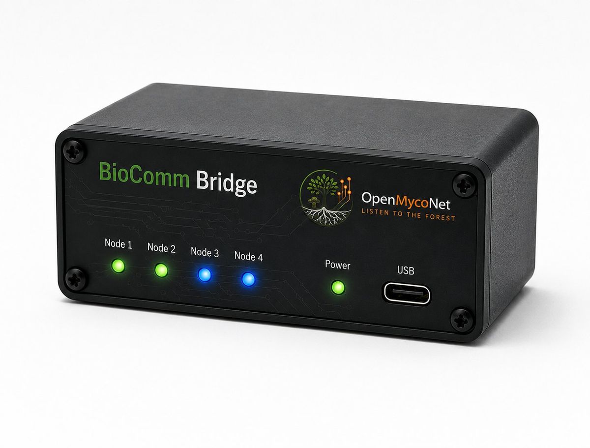 BioComm-Bridge-Konzeptvisualisierung: Kommunikationseinheit mit vier Node-Anschlüssen