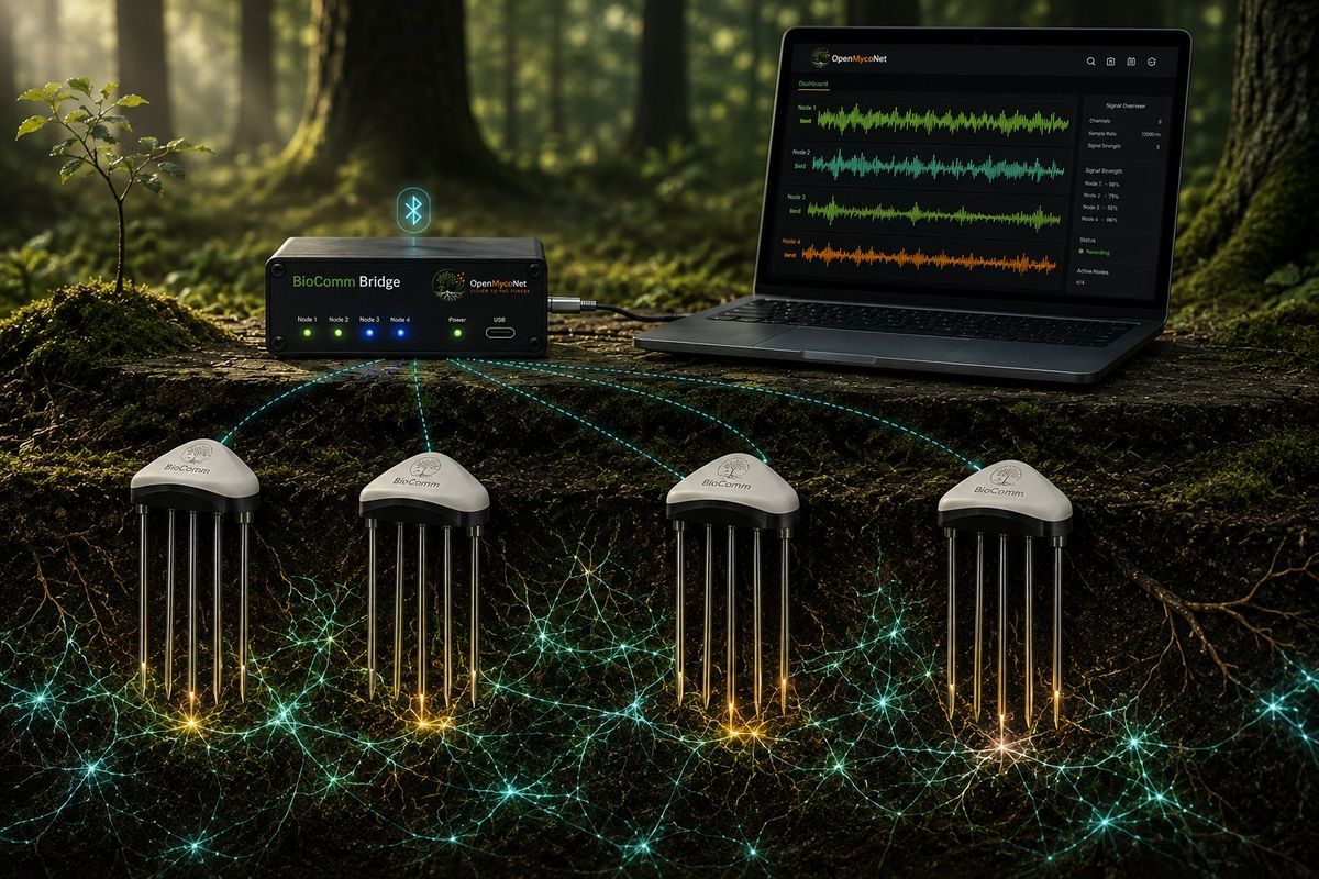 BioComm-Feldaufbau: Nodes, Bridge und Laptop mit Live-Monitor im Wald
