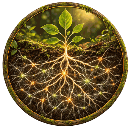 Mycelist-Symbol: Wurzelgeflecht mit jungem Trieb